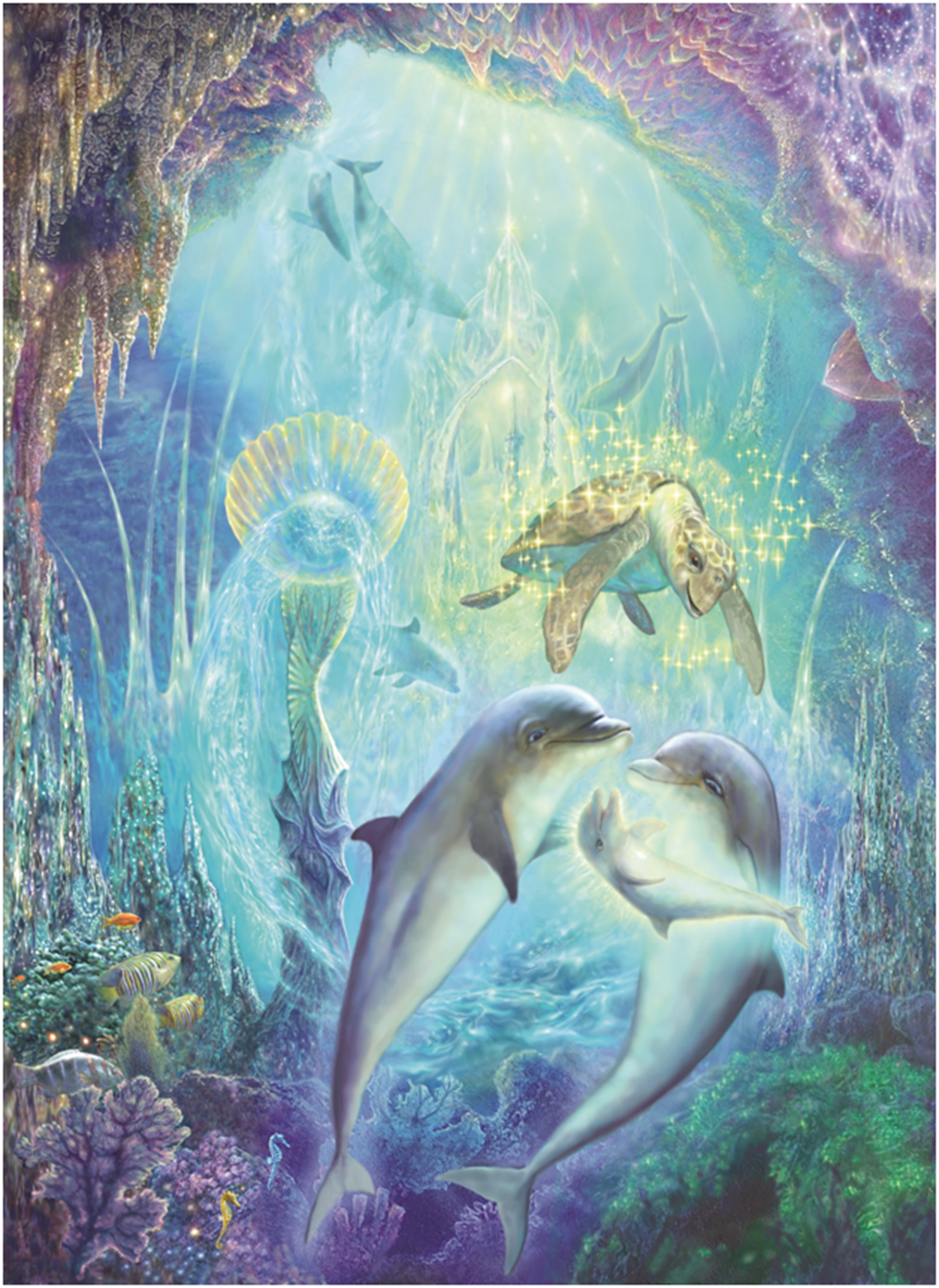 A painting of two dolphins in the ocean