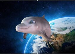 A dolphin is floating in front of the earth.